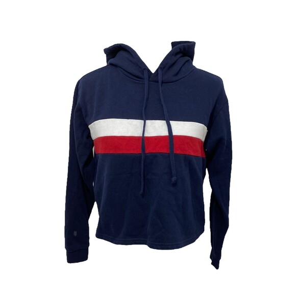 Forever 21 Women's Hoodie Blue Red and White Striped Cropped Size Small - Picture 1 of 6